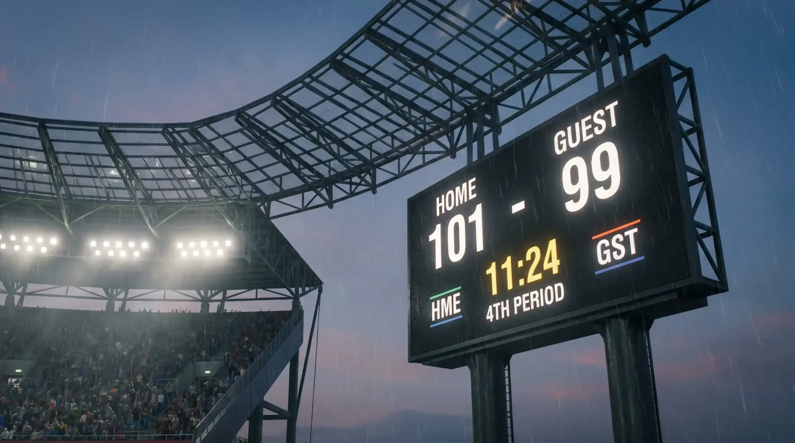 Stadium scoreboard mid-match showing rugby team points and time remaining