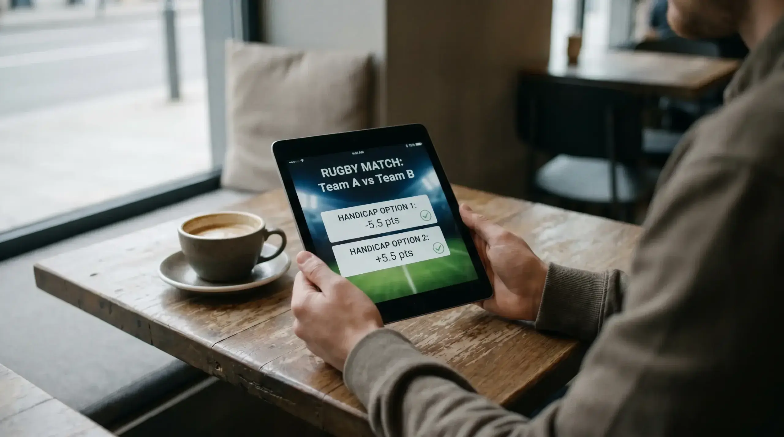 Bettor reading rugby handicap lines on a tablet at a cafe table before a match