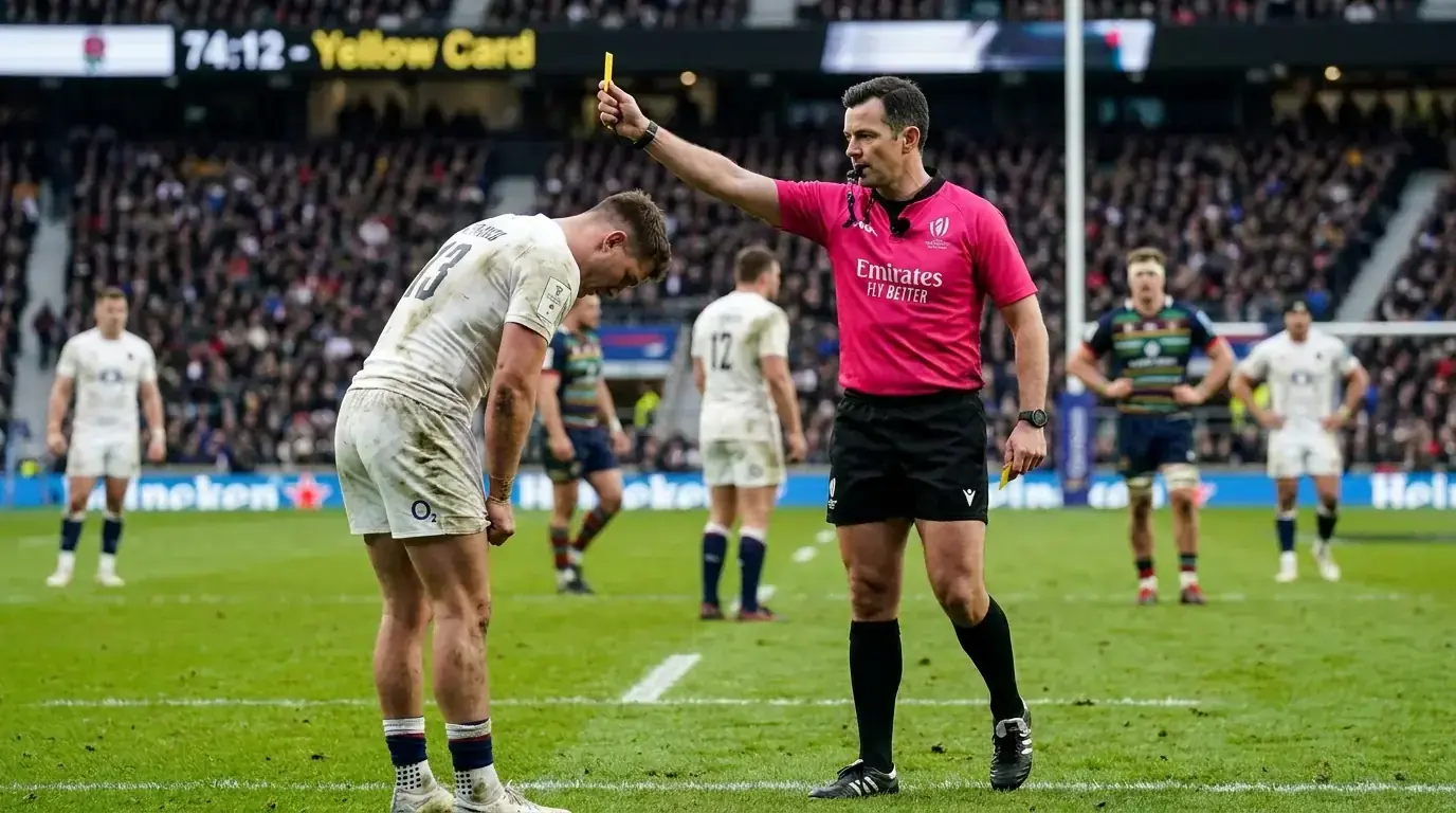 Rugby referee raising a yellow card towards an offending player