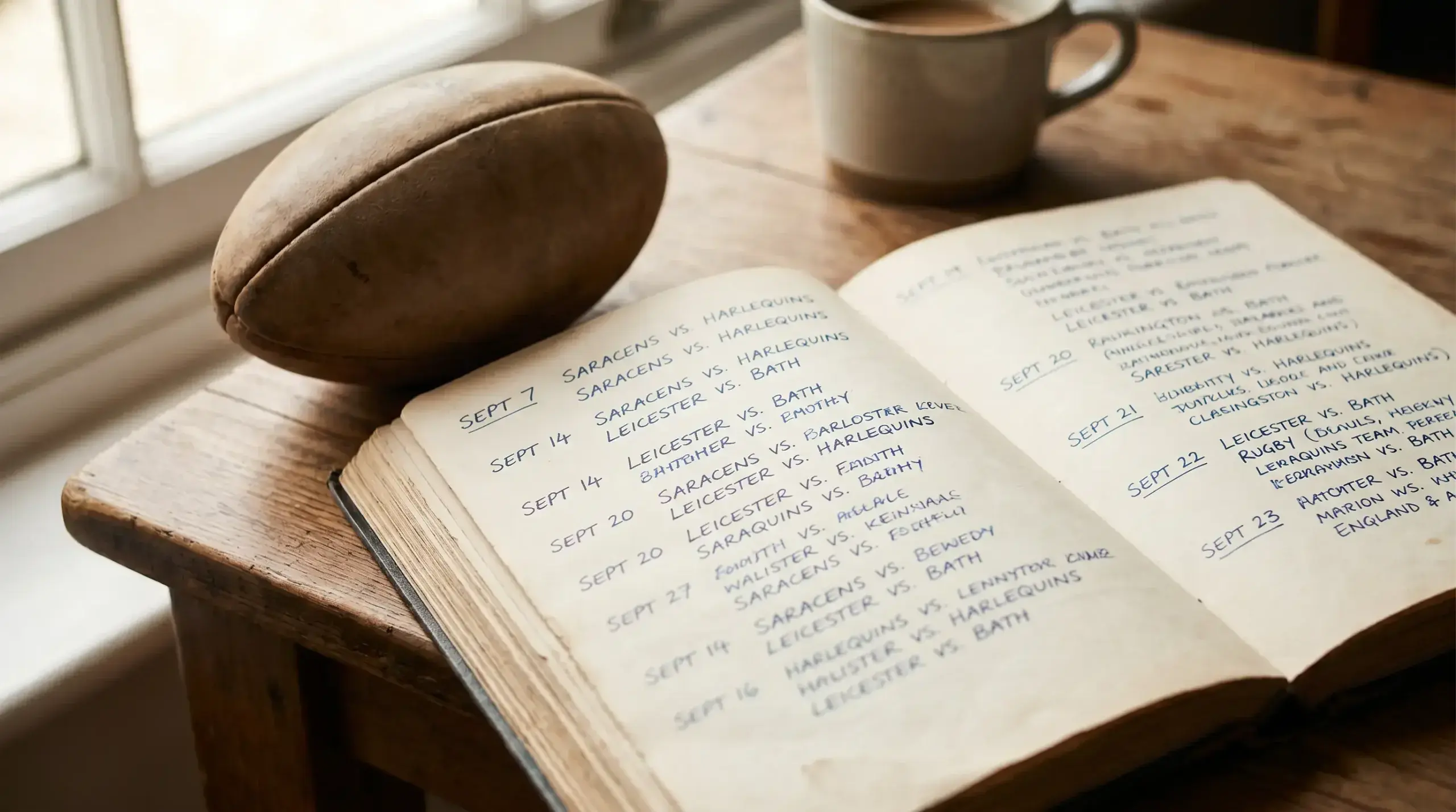 Open notebook with handwritten rugby fixtures across union and league seasons next to a rugby ball