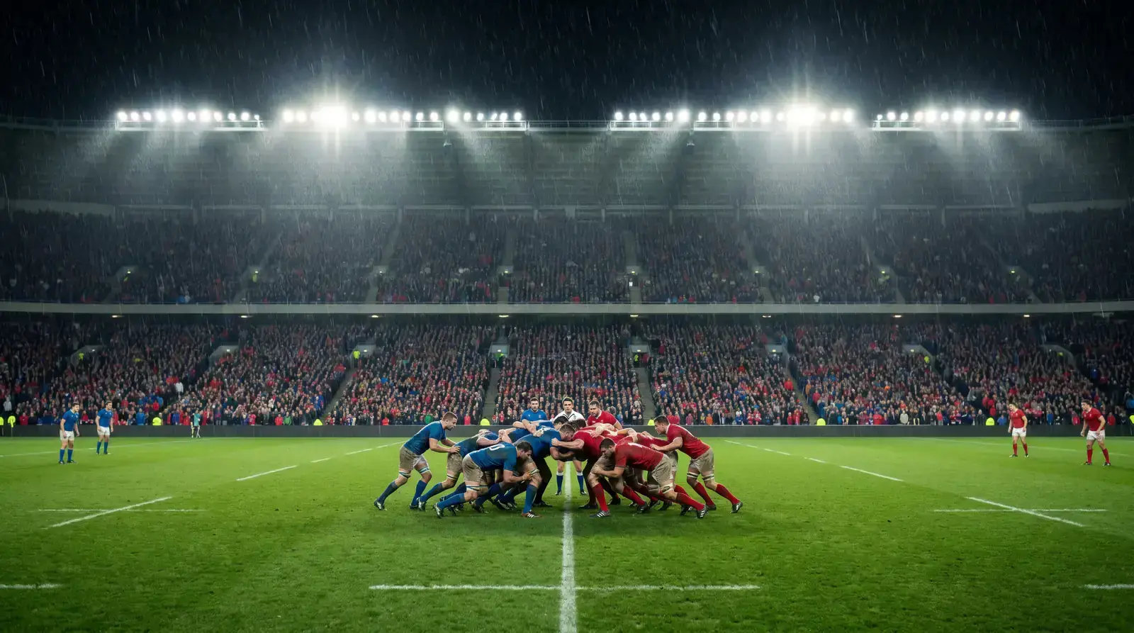 Floodlit rugby stadium during an evening Premiership fixture with packed stands