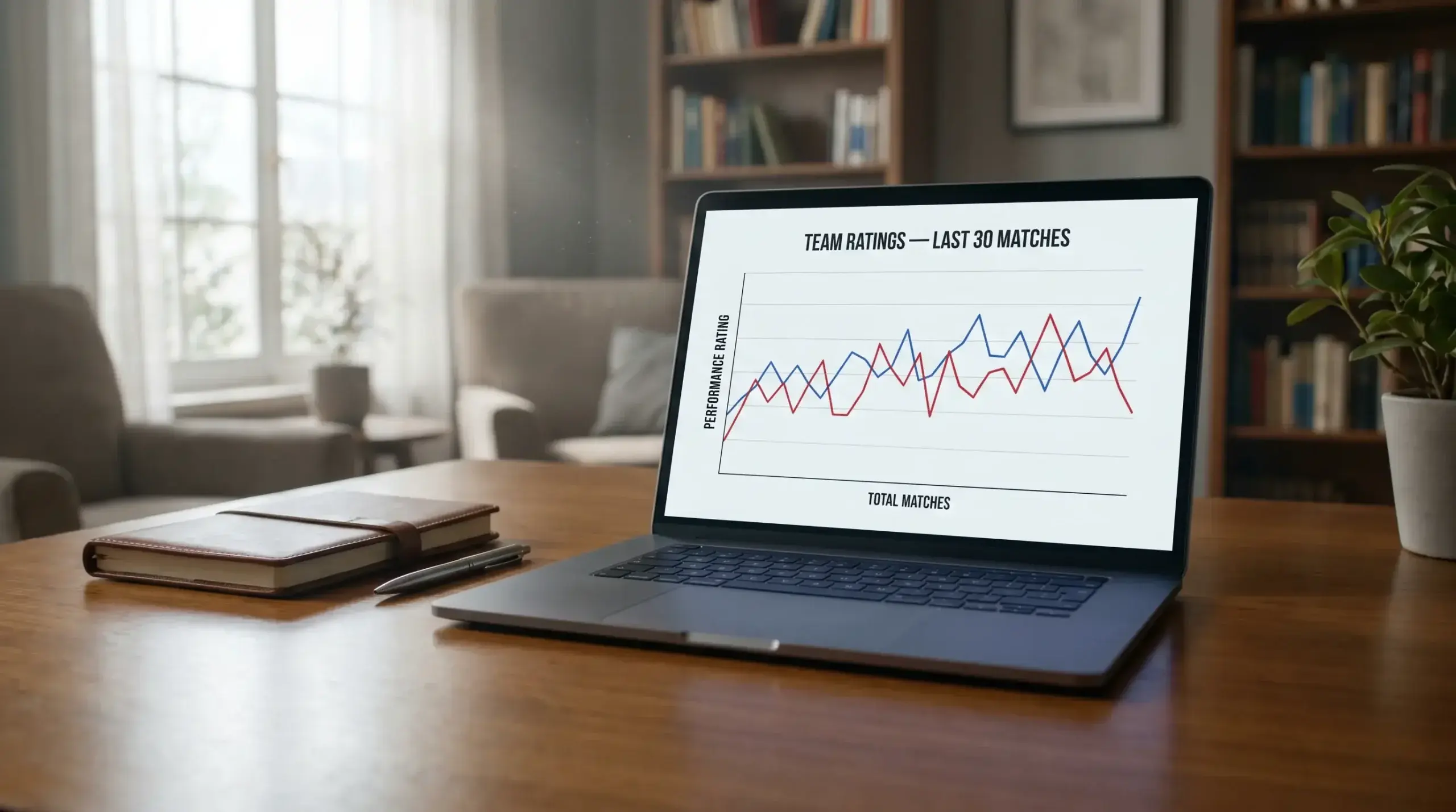 Laptop screen displaying a rugby statistical model with team ratings and prediction line chart