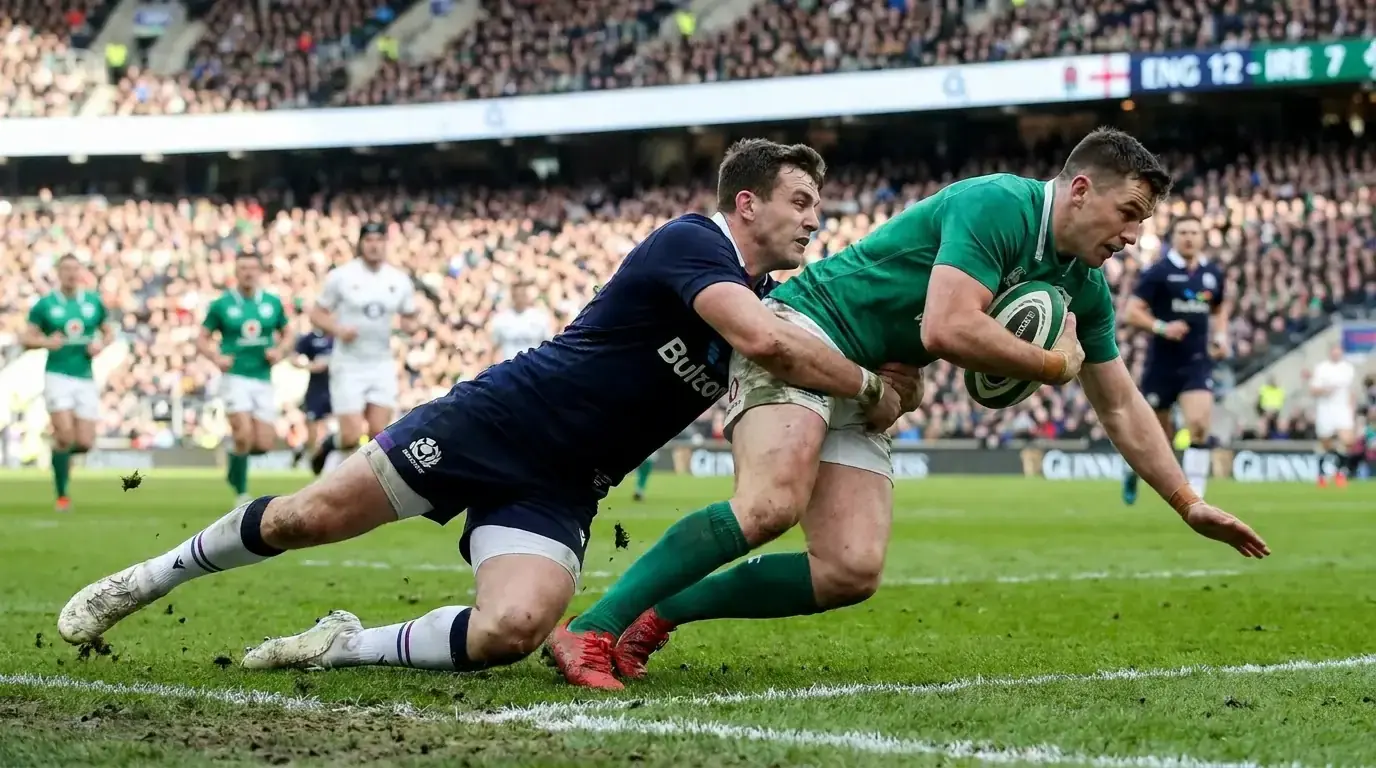 Rugby defender bringing down an attacker close to the try line in a tight match