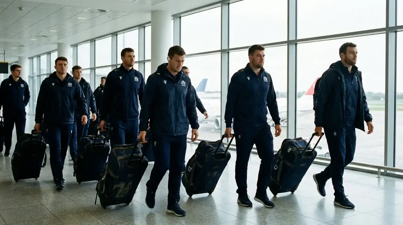 Rugby team in matching tracksuits walking through an airport terminal with kit bags