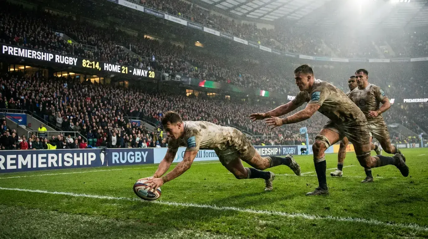 Close finish to a rugby match with a single try deciding the margin under floodlights