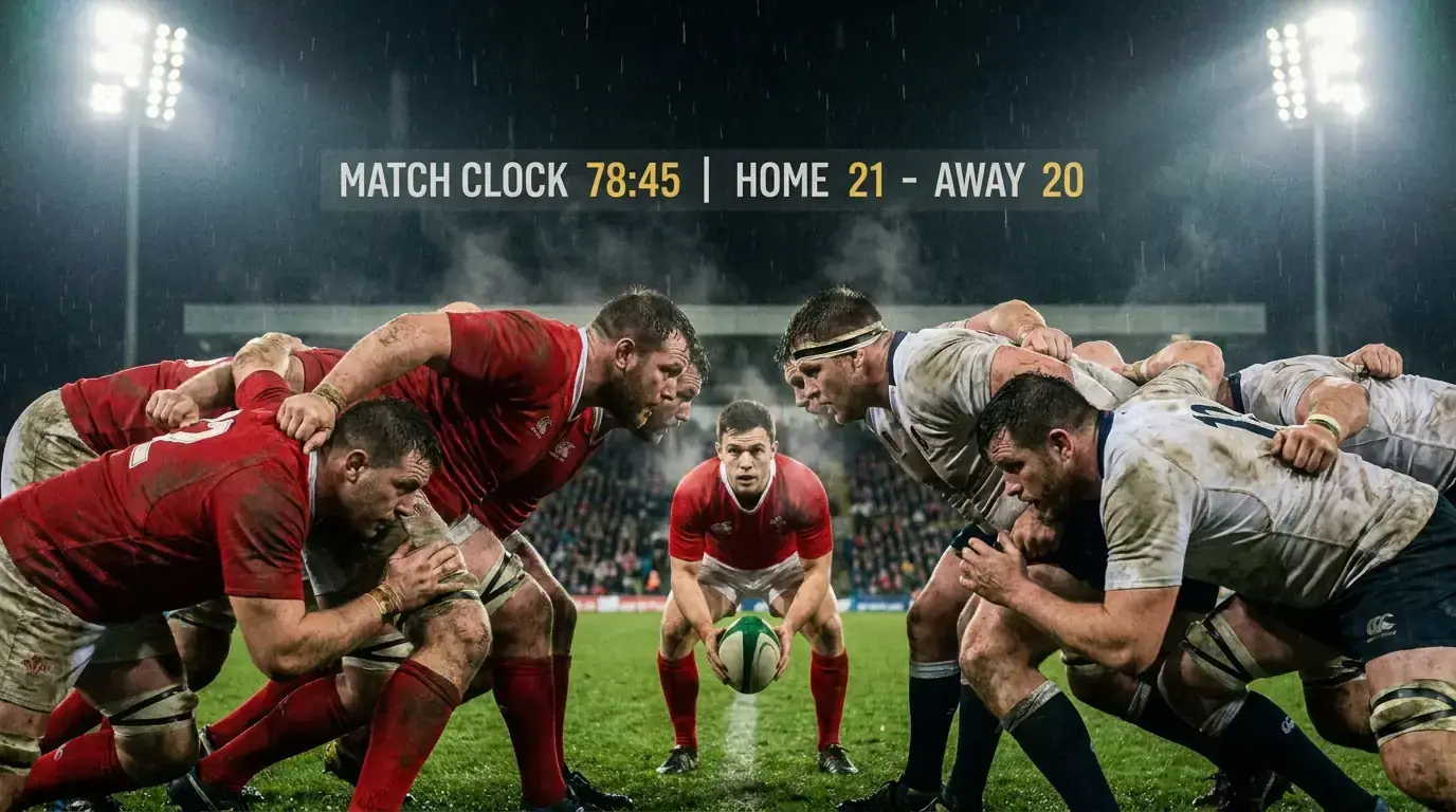 Tense closing minutes of a rugby match with both teams crowded around a scrum
