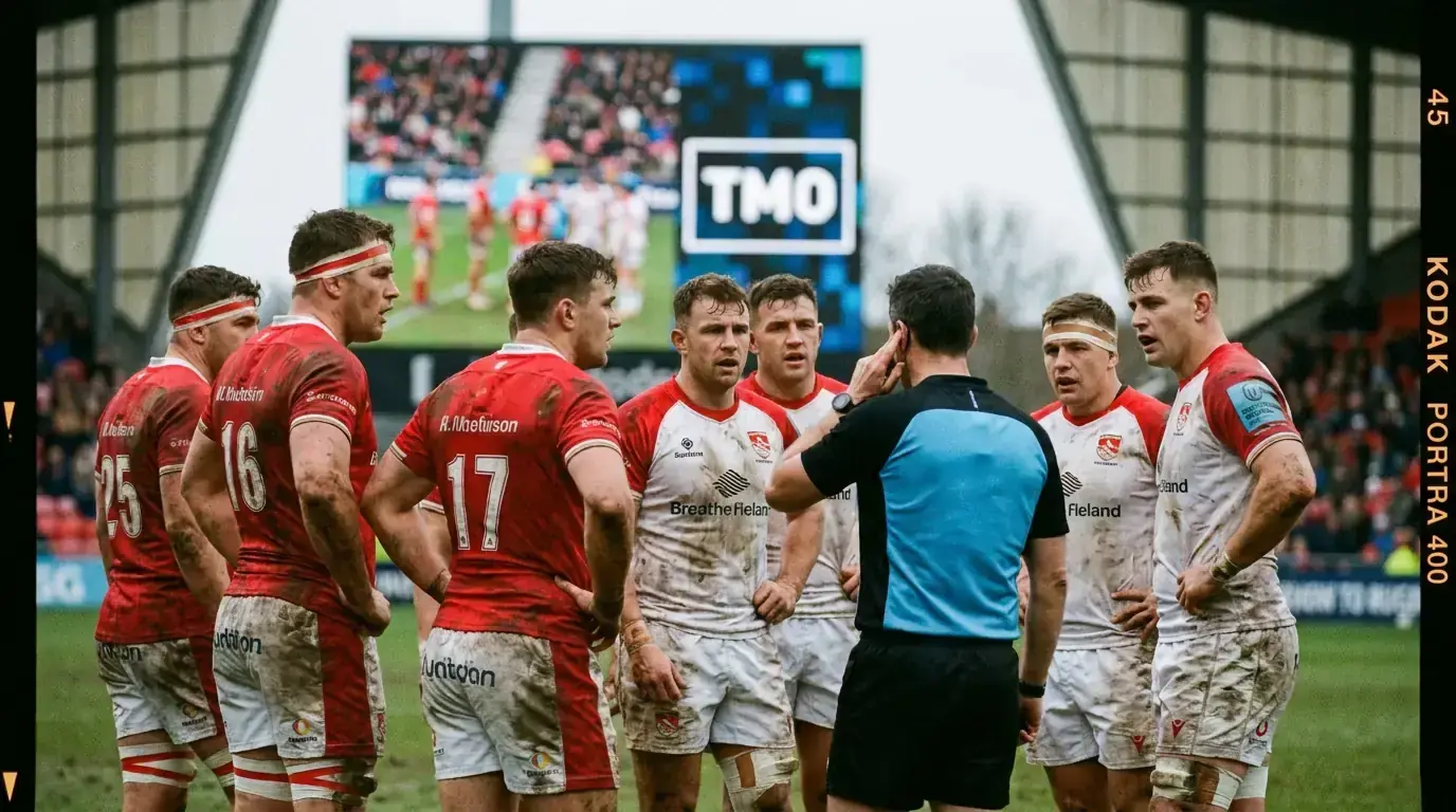 Rugby players gathered around the referee while a TMO decision is reviewed