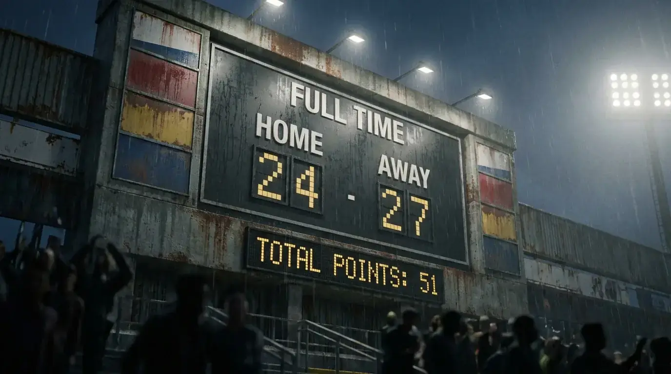 Rugby stadium scoreboard showing the combined total points display at the end of a match