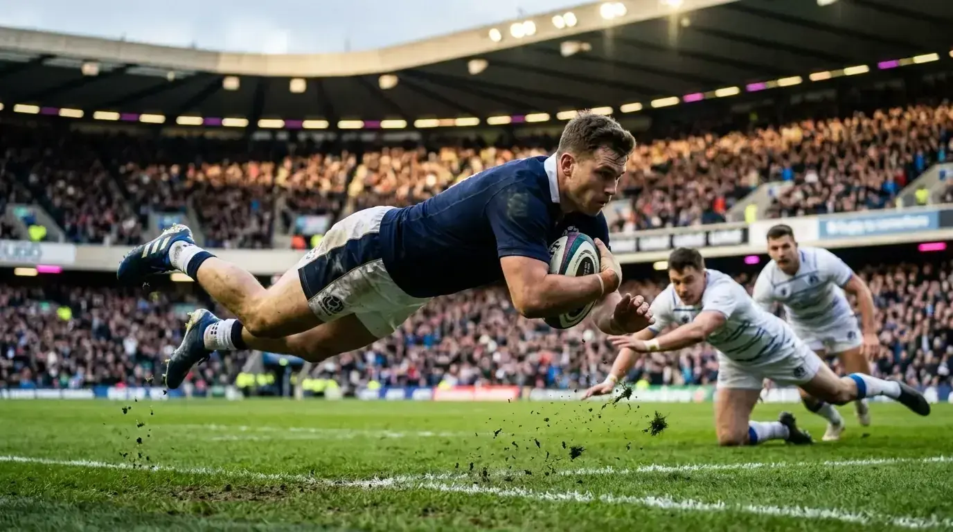 Winger diving over the try line to ground a rugby ball under floodlights