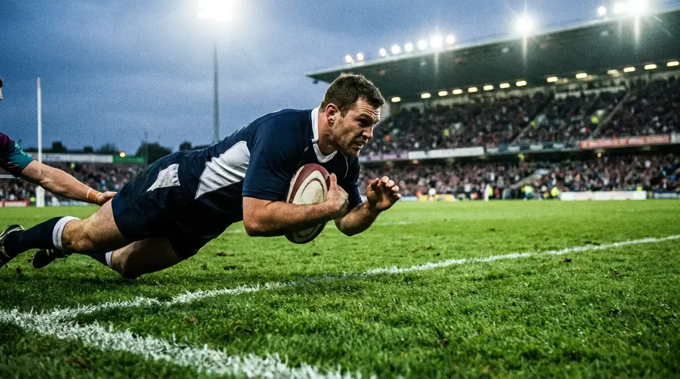 Rugby winger diving over the try-line to score during a Six Nations fixture