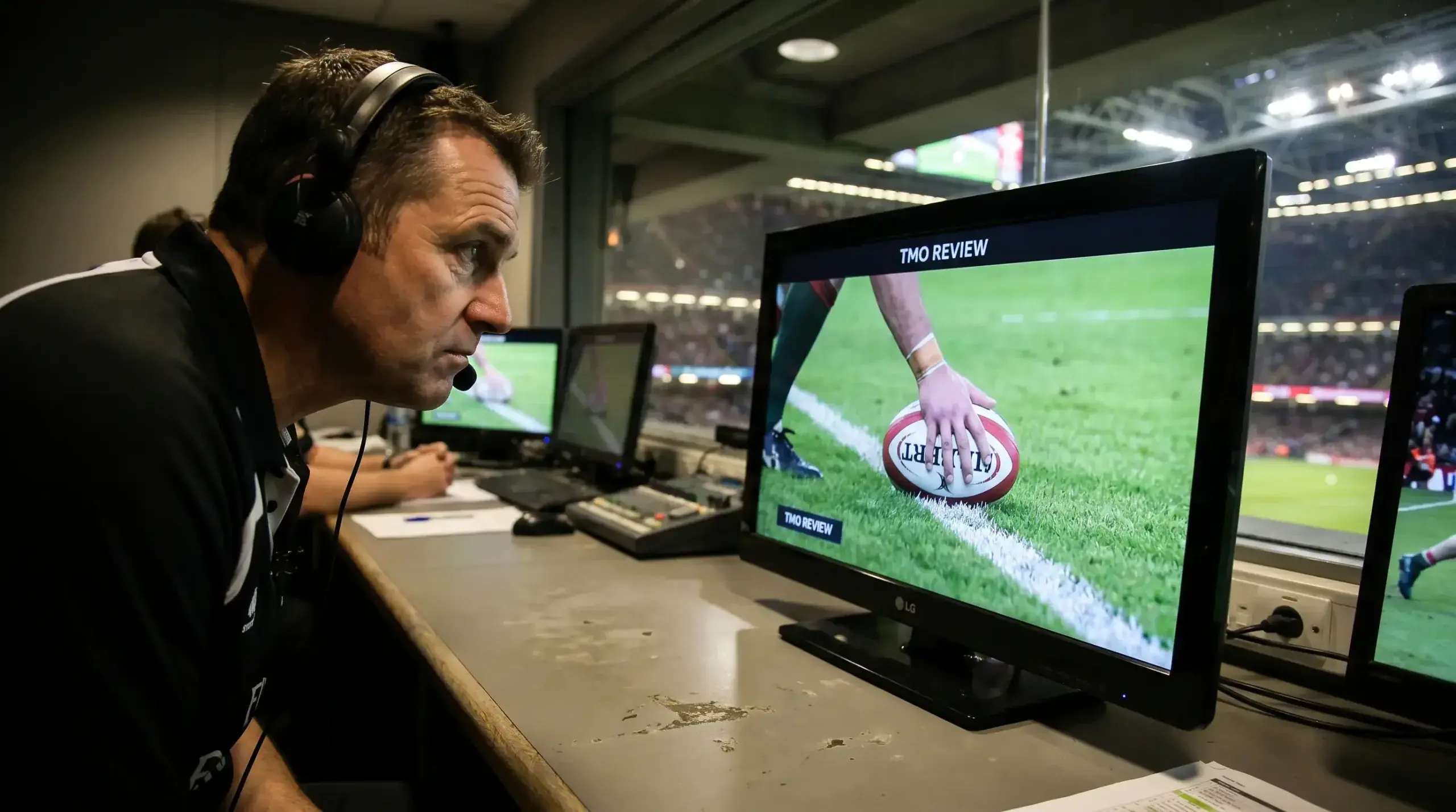 Television match official reviewing a try decision on a screen during a rugby match