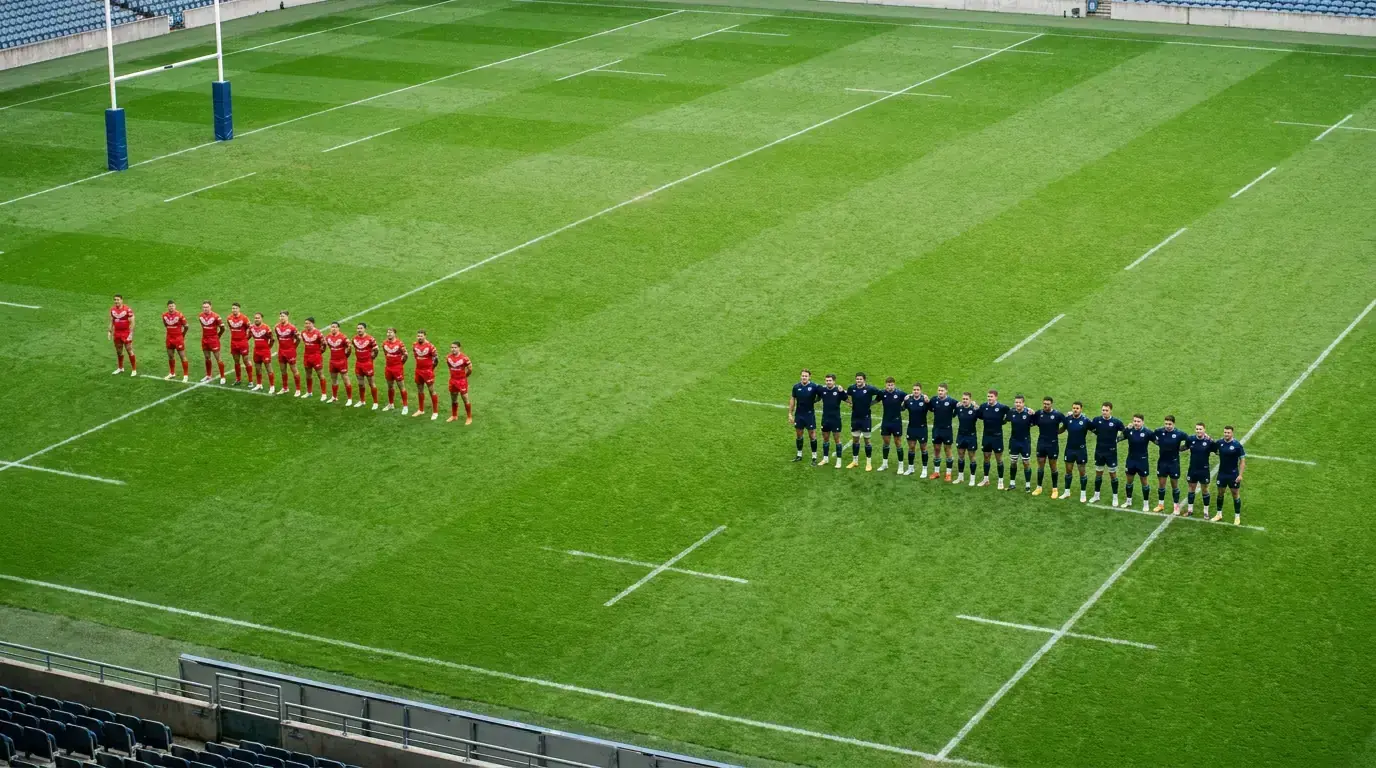 Two rugby teams lining up in their respective formations showing fifteen-a-side union and thirteen-a-side league