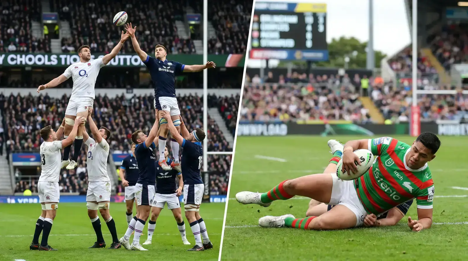 Two photographs side by side showing a rugby union lineout and a rugby league play-the-ball