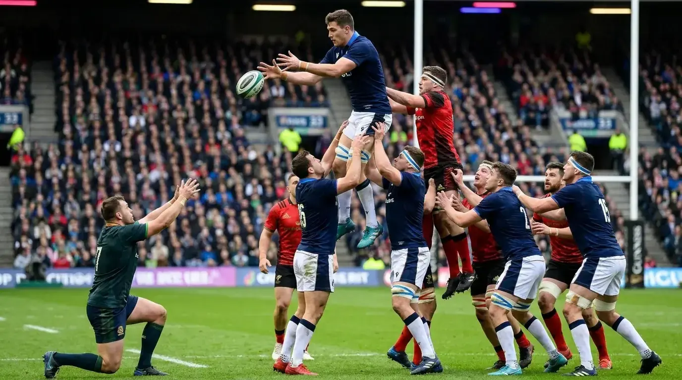 Rugby union players contesting a lineout throw-in with lifters supporting a jumper
