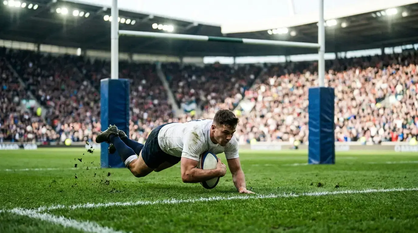 Rugby union player diving over the try-line under the posts during an international match