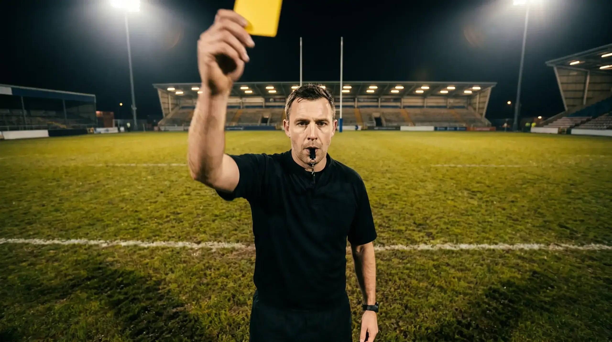 Rugby referee raising a yellow card to a player during an international Test match