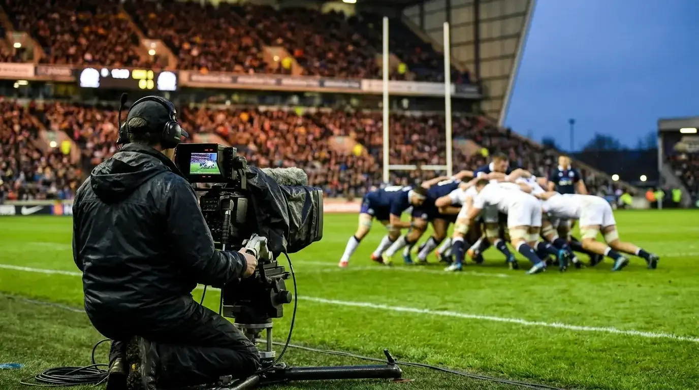 Television cameras filming a Six Nations match from a stadium broadcast position with crowd visible behind