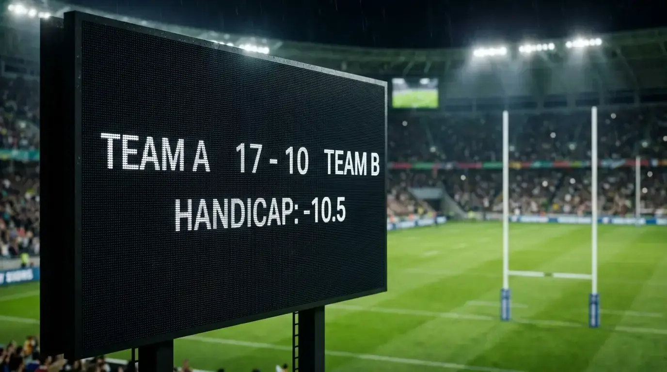 Stadium scoreboard showing a Six Nations handicap line and live match score during play