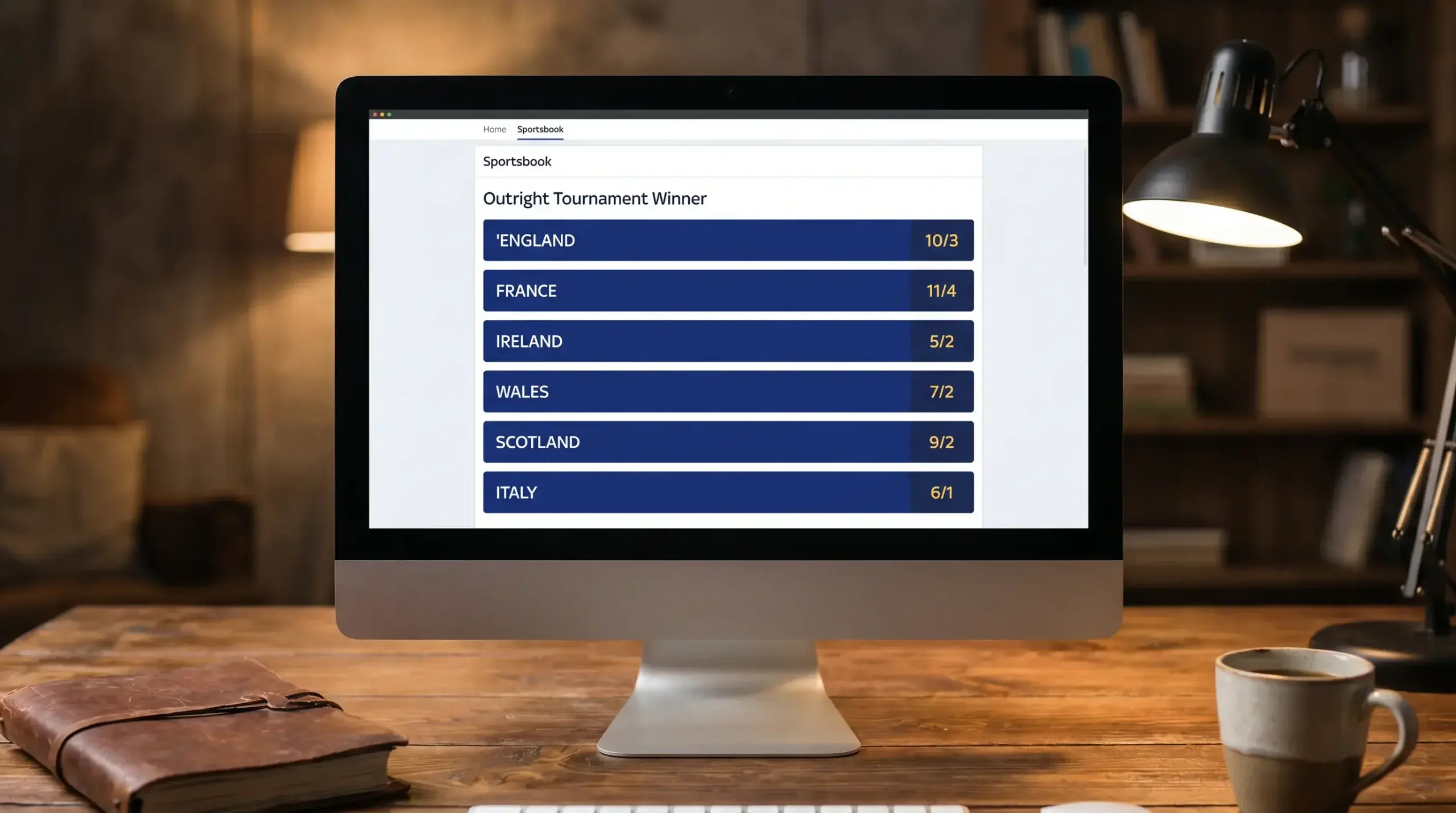Sportsbook screen showing Six Nations outright tournament winner odds for all six competing nations