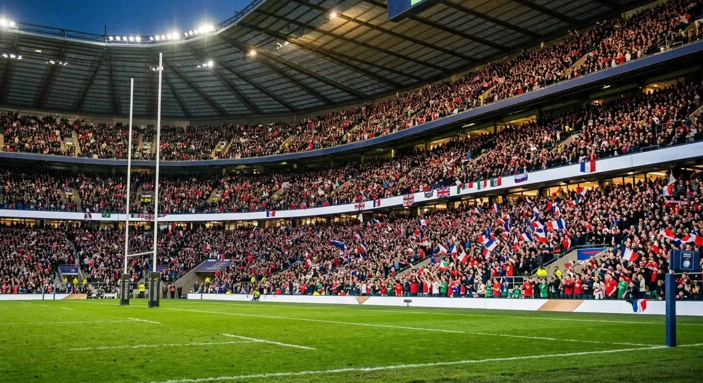 Packed Six Nations stadium crowd in full national colours during a high-profile fixture