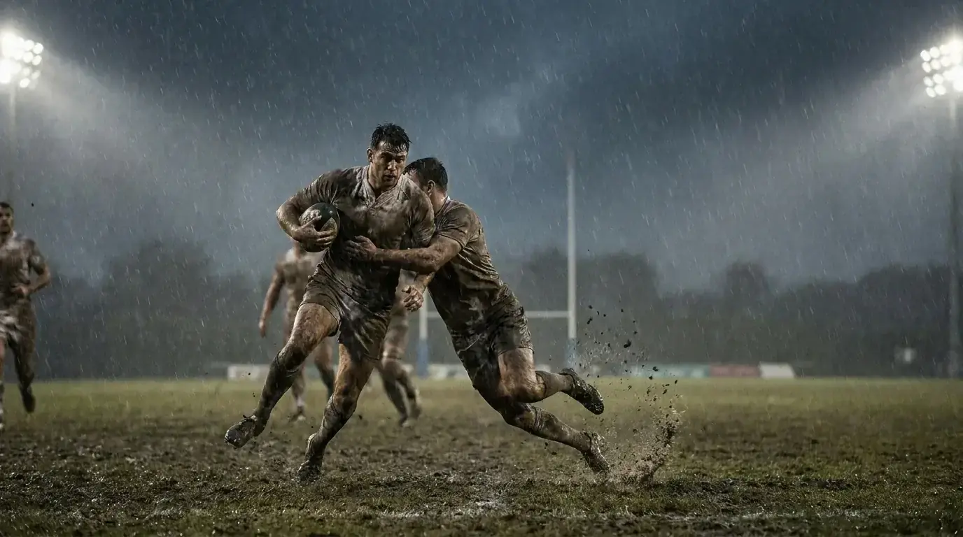 Rugby players battling through driving rain at a Six Nations fixture with low visibility on the pitch