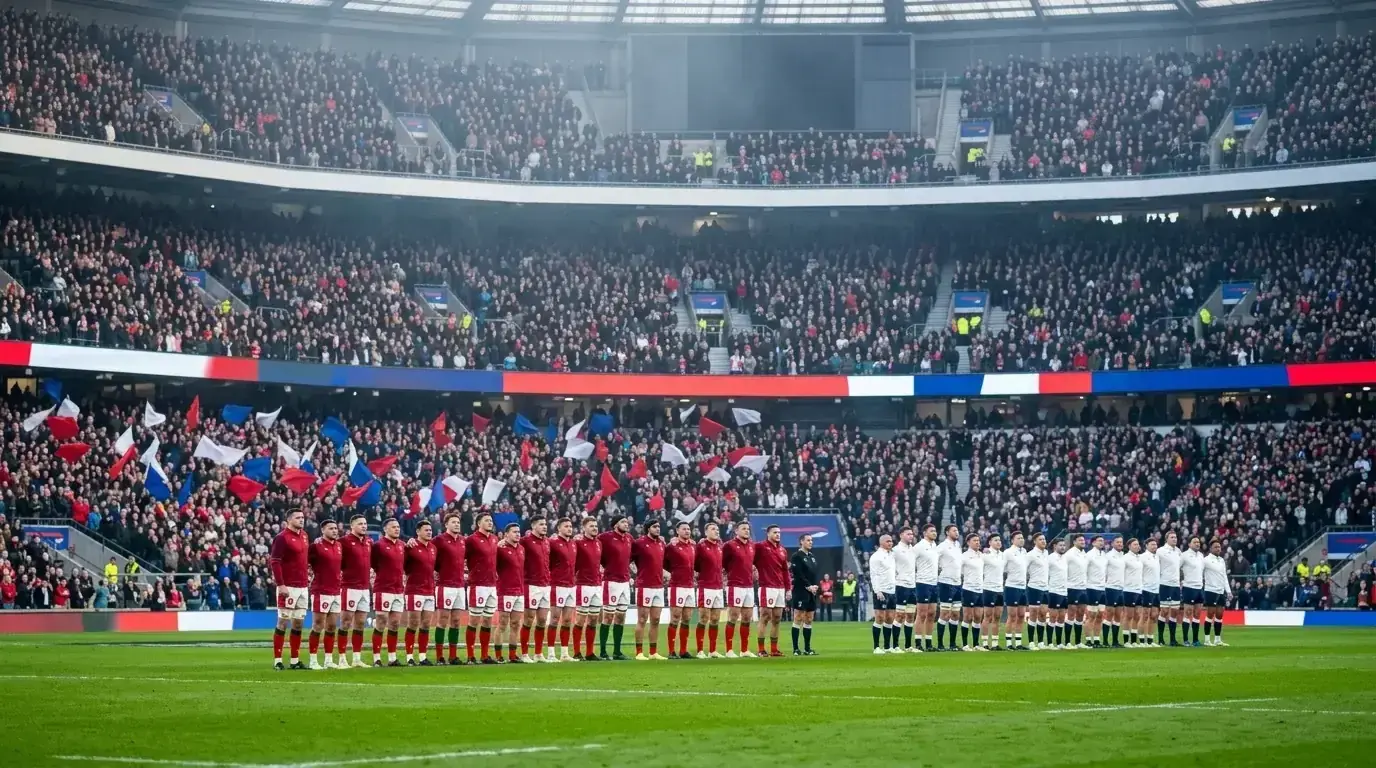Packed Six Nations crowd waving flags inside a UK rugby stadium on a matchday afternoon