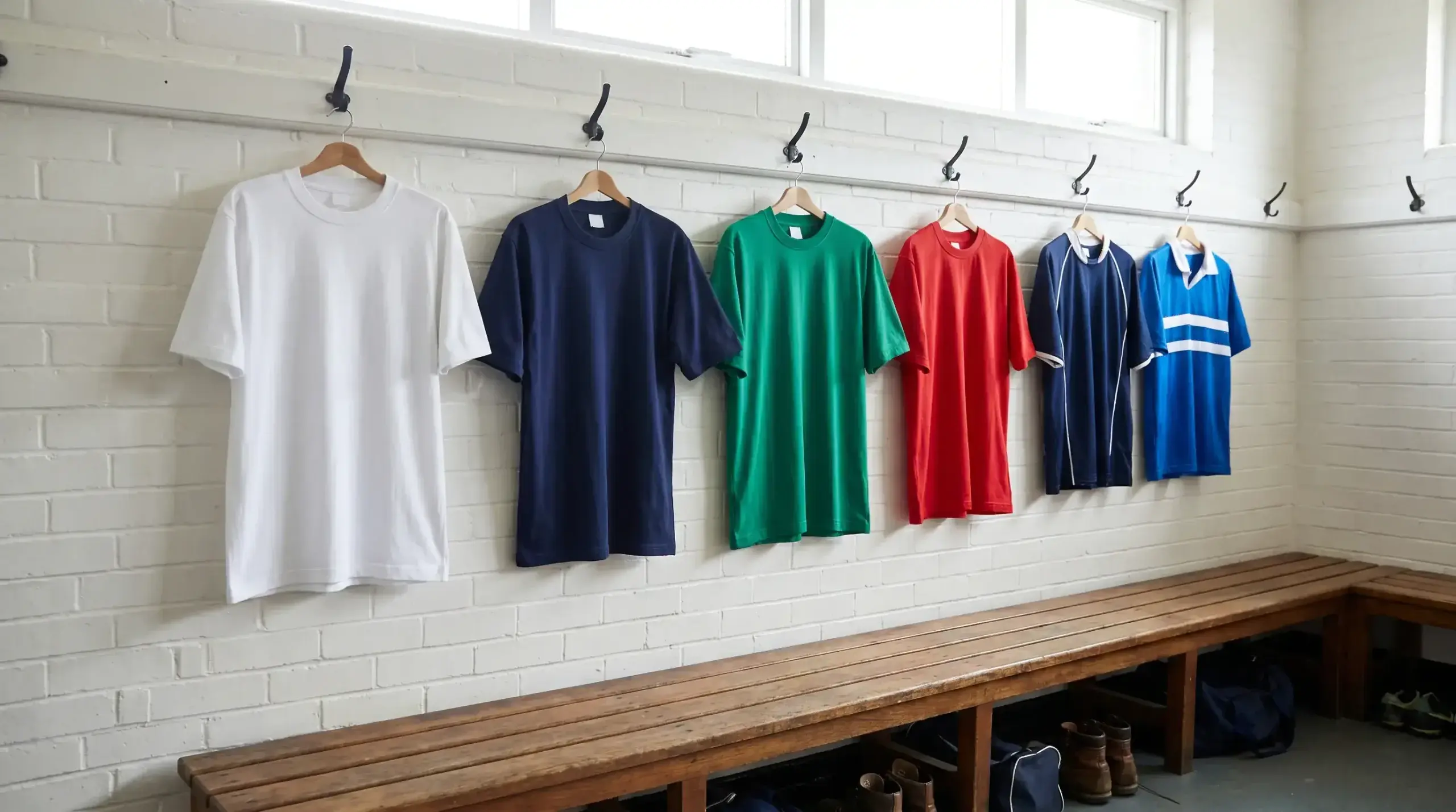 Six Nations team jerseys for England, France, Ireland, Wales, Scotland and Italy hanging in a changing room