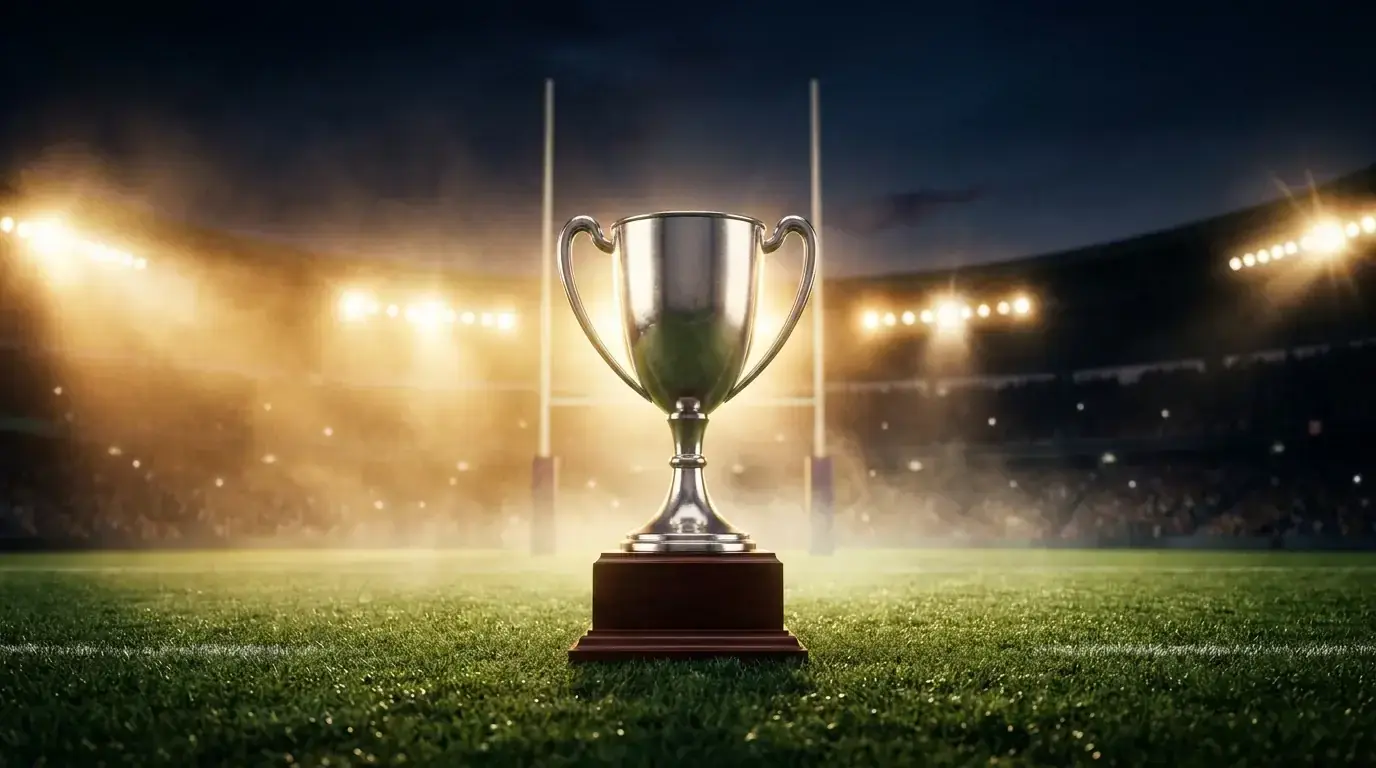 Six Nations tournament trophy displayed on a stadium pitch under floodlights