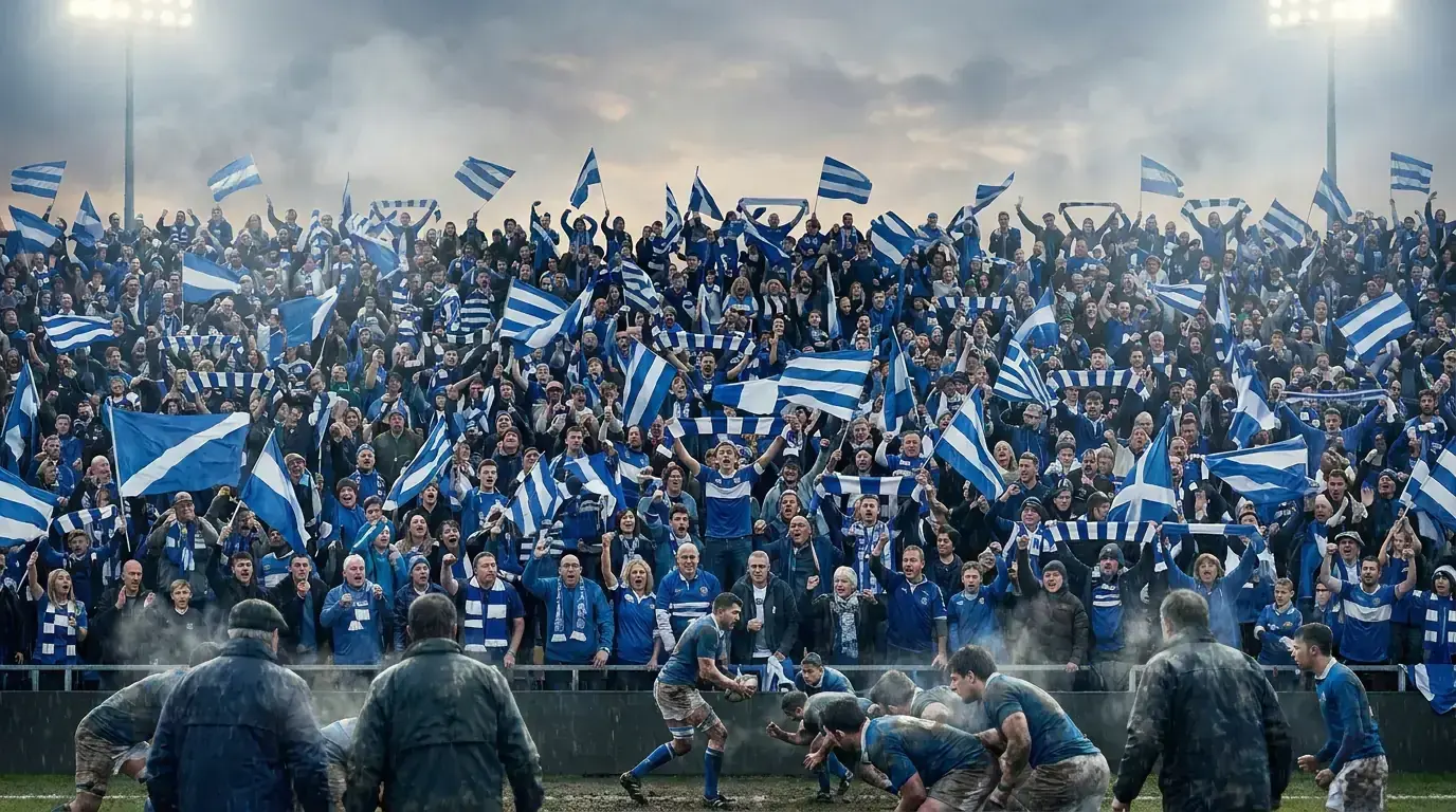 Top 14 home crowd in blue and white waving flags at a French rugby ground
