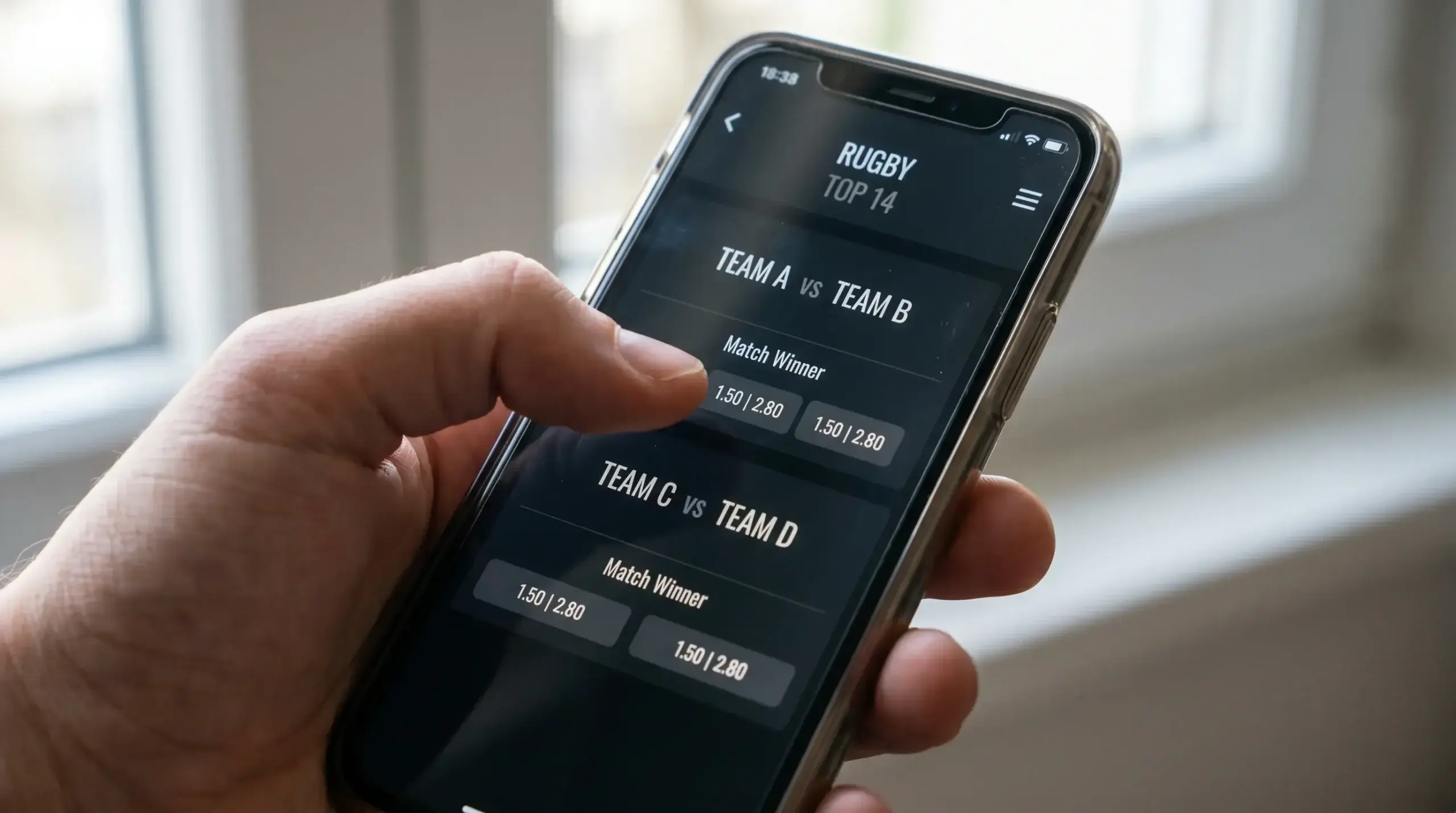 Smartphone showing Top 14 match markets in a clean unbranded interface
