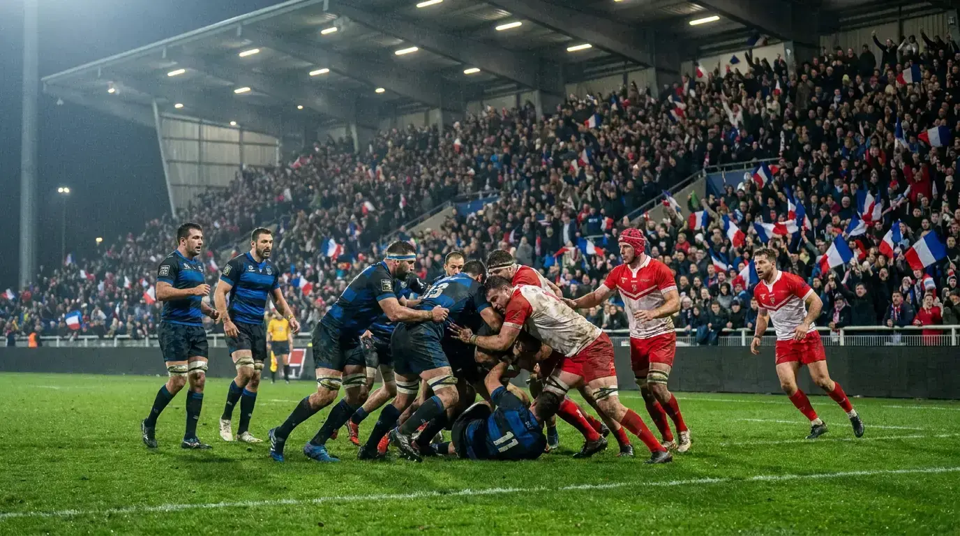 Top 14 rugby match in progress at a packed French club stadium under floodlights