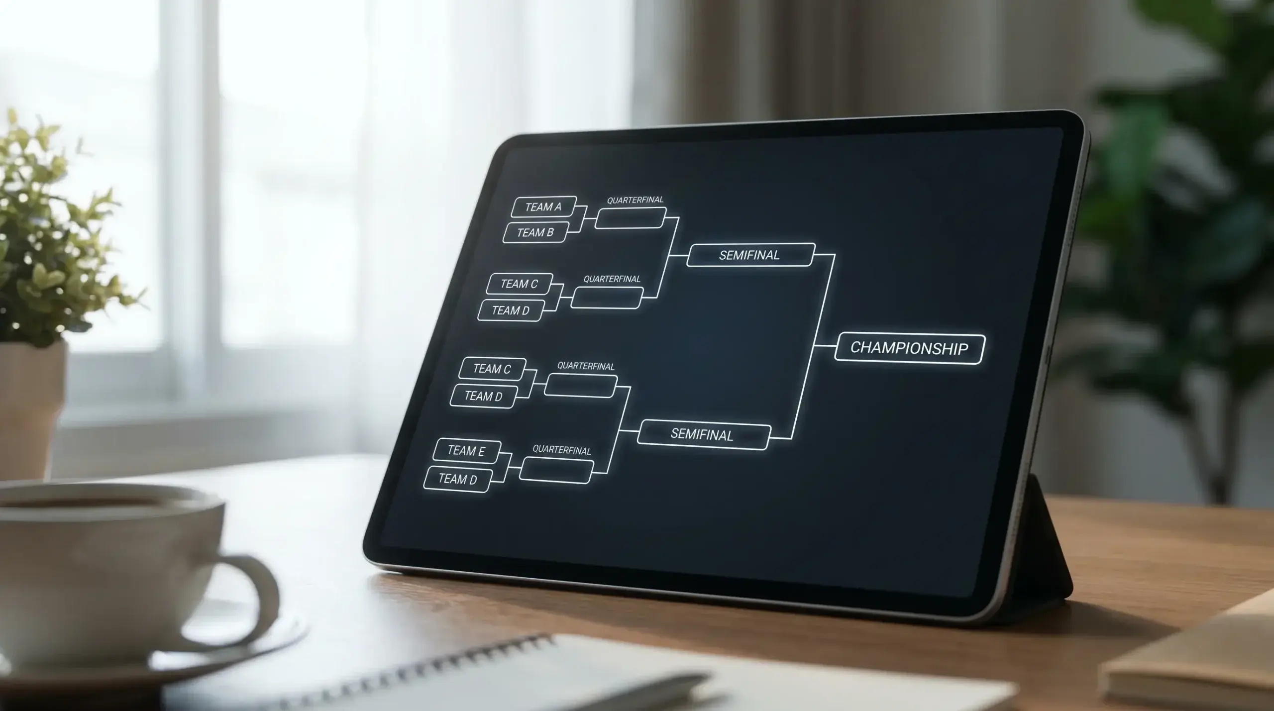 Tablet showing the Top 14 tournament bracket and play-off structure
