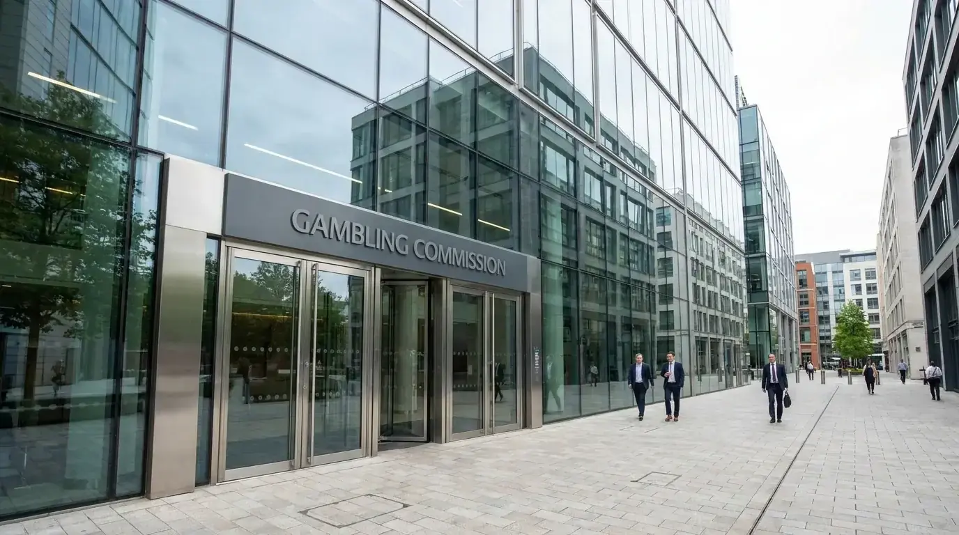 UK Gambling Commission office building exterior with signage and modern glass facade