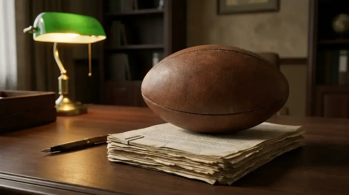 Rugby ball resting on a printed regulatory document on a polished office desk