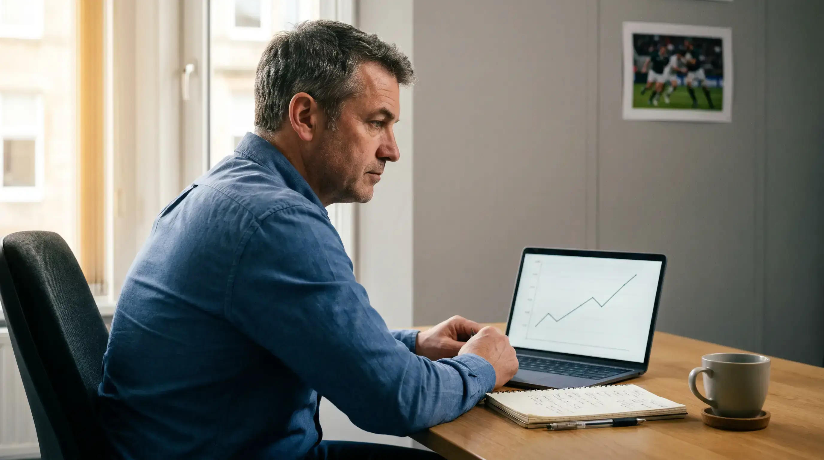 Sports analyst at a desk reviewing UK gambling market data on a laptop screen