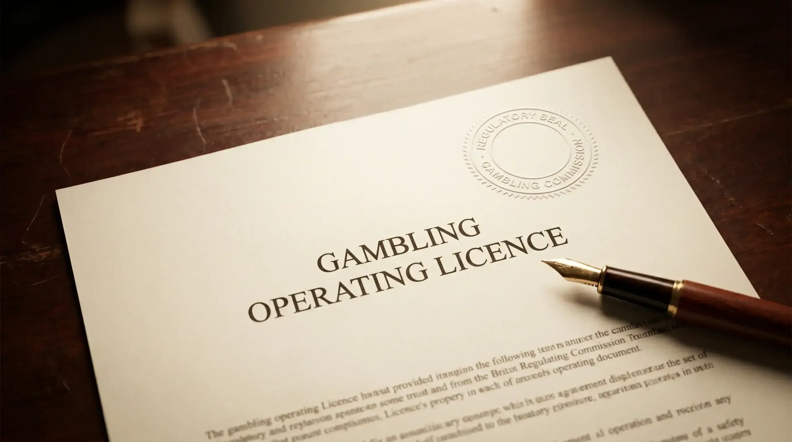 Close-up of a UK Gambling Commission licence document with embossed regulatory seal