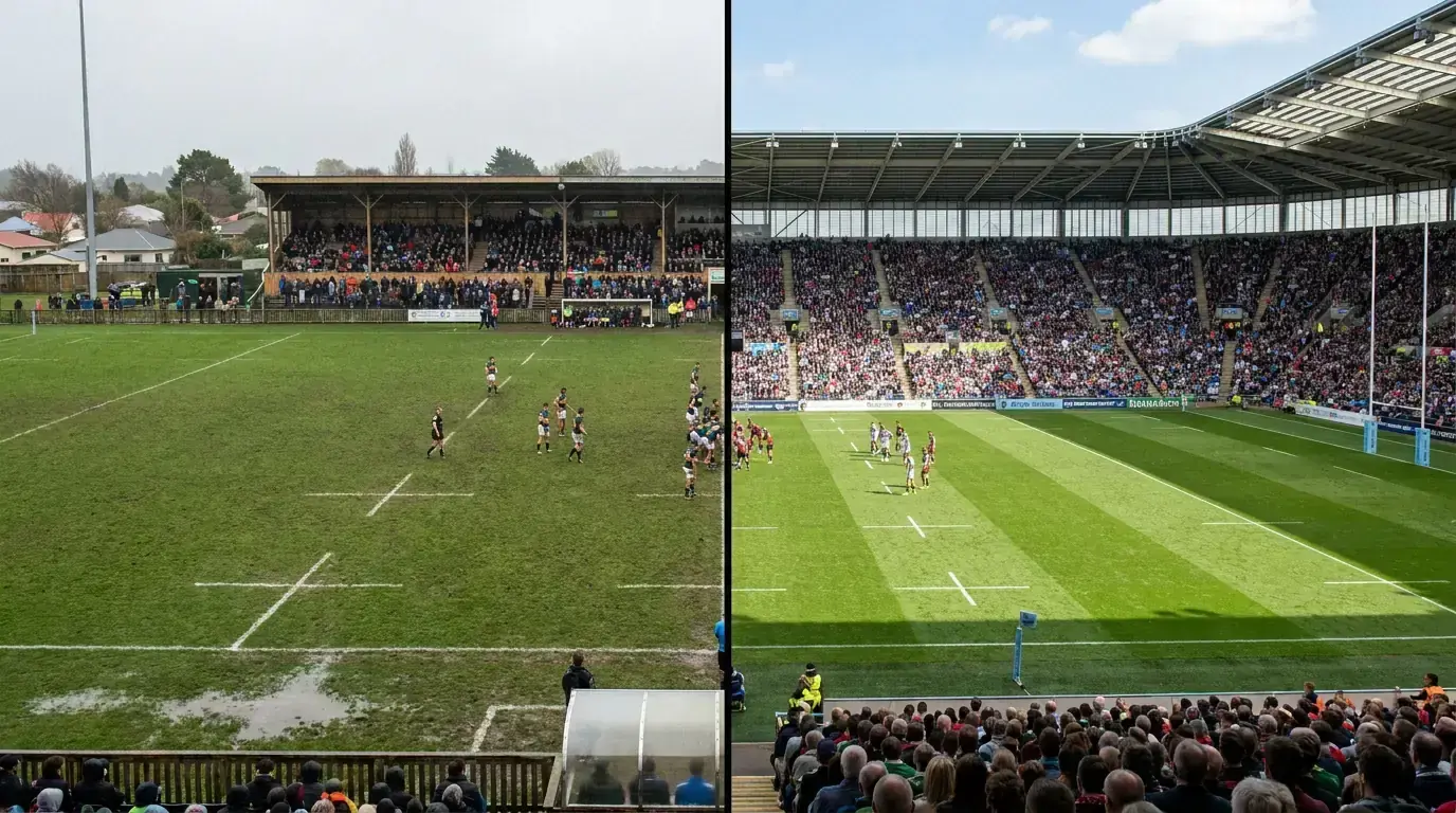 Side-by-side photograph showing a URC ground and a Premiership ground at kickoff