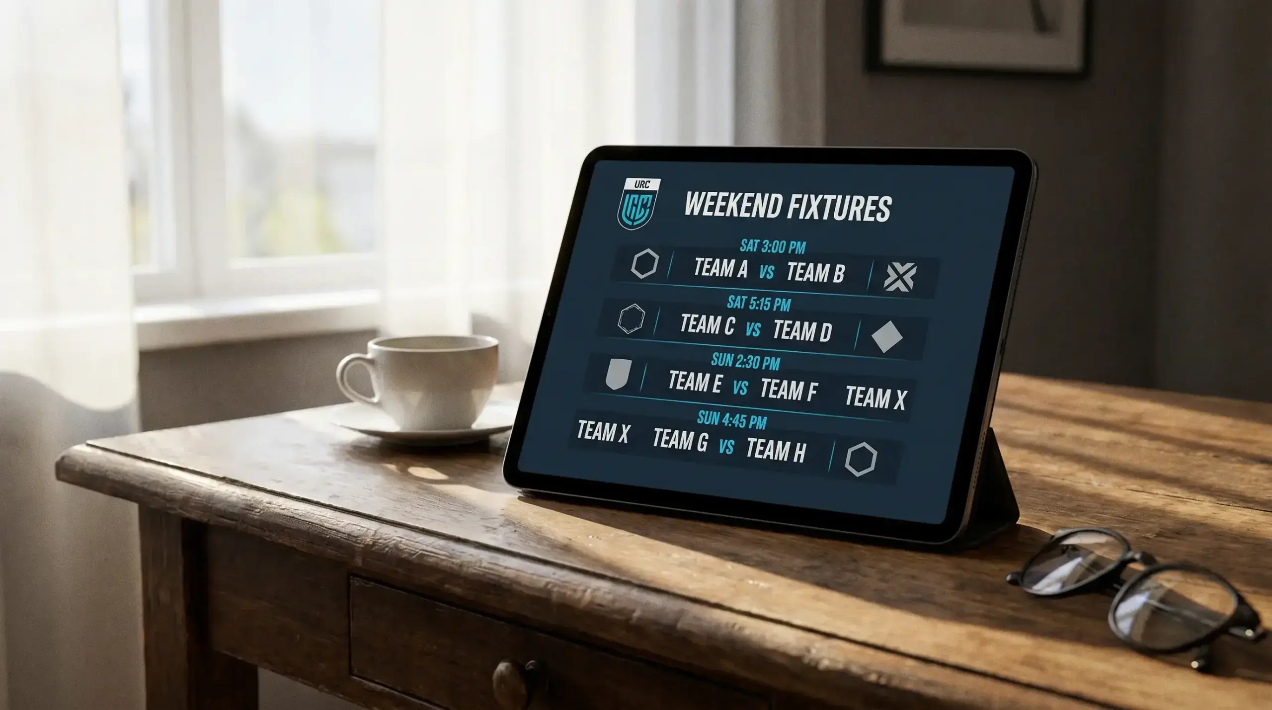Tablet displaying a URC weekend fixture list with available match markets